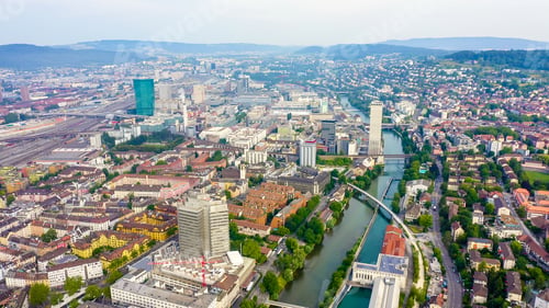 Preview: Zurich, Switzerland. Panorama Of The City From The Air. Gewerbeschule Area, Limmat River, Aerial