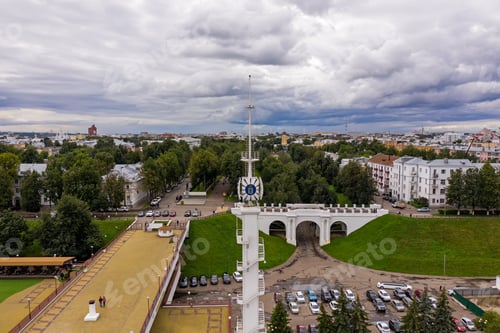 Preview: Yaroslavl, Russia. White Tower With The Coat Of Arms Of The City At Volzhskaya Embankment. Aerial