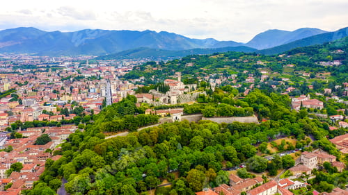 Preview: Brescia, Italy. Castello Di Brescia. Flight Over The City In Cloudy Weather, Aerial View