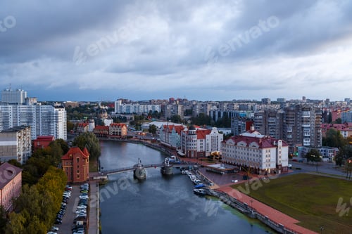 Preview: Morning. Central Part Of The City Of Kaliningrad, Embankment Of The Fish Village, Jubilee Bridge