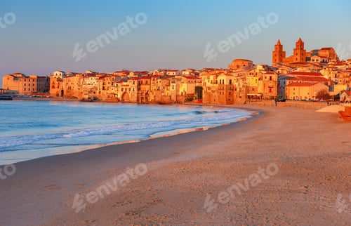 Preview: City Embankment In The Old Medieval Town Cefalu At Sunset. Italy. Sicily.
