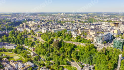Preview: Luxembourg, Historical City Center In The Morning. Pont Rouge, Aerial View