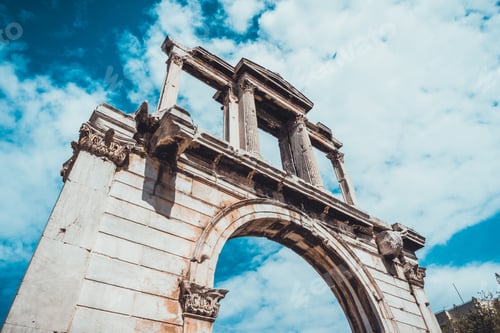 Preview: Low Angle Architectural View Of Ancient Roman Ruins Of Arch Of Hadrian, A Popular Landmark And