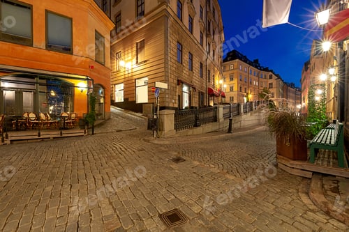 Preview: Old Medieval Street In The Night Illumination On The Island Gamla Stan. Stockholm. Sweden.
