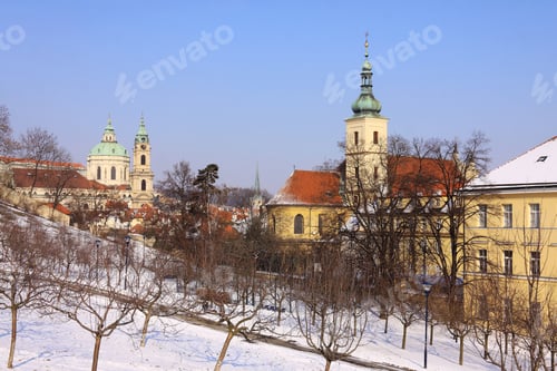 Preview: Snowy Prague St. Nicholas' Cathedral In The Sunny Day, Czech Republic