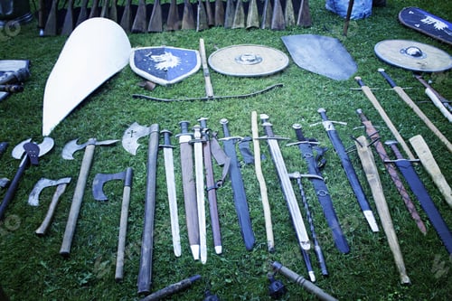 Preview: Swords And Shields In Medieval Camp, Historical Reenactment Of Spain