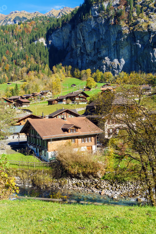 Preview: Traditional Chalets Of Village In Lauterbrunnen Valley At Autumn, Berner Oberland, Switzerland