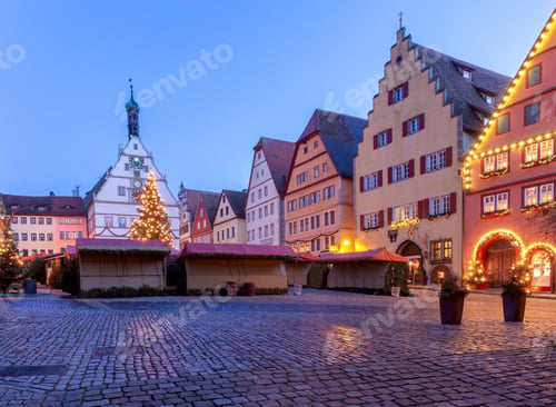 Preview: Town Hall Square And Christmas Tree In Night Illumination. Rothenburg Ob Der Tauber. Bavaria