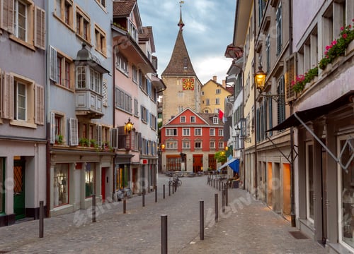 Preview: View Of The Old Narrow Medieval City Street With Lanterns. Zurich. Switzerland.