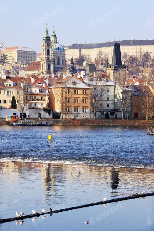 Preview: First Snow In Prague, St. Nicholas' Cathedral In The Sunny Day