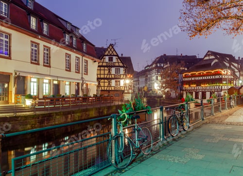 Preview: Half-Timbered House On The Canal At Night In Strasbourg. Alsace.