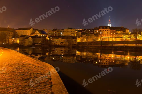 Preview: Night Winter Royal Medieval Town Pisek With The Castle Above The River Otava, Czech Republic