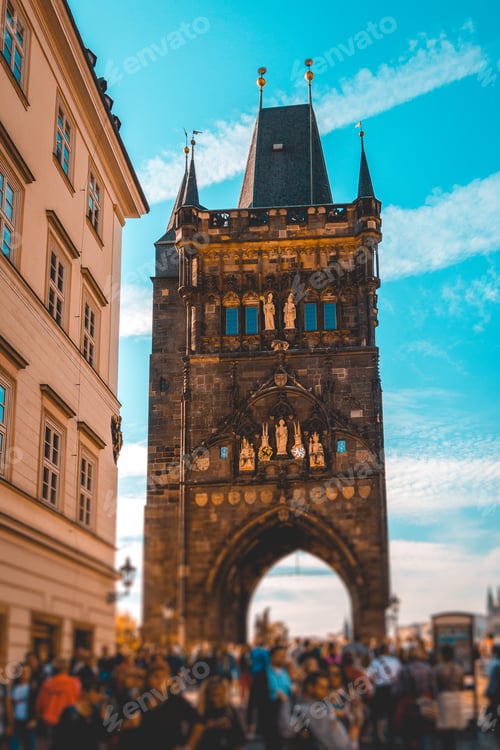 Preview: Old Town Bridge Tower Of The Charles Bridge In Prague, Viewed From Low Angle With Crowds Of