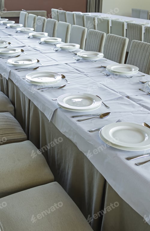 Preview: Restaurant Table Prepared For Event With Dishes And Tablecloth, Hospitality