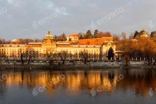 Preview: Snowy Prague Lesser Town With Gothic Castle In The Rising Sun, Czech Republic