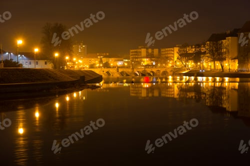 Preview: Night Winter Oldest Stone Bridge In Central Europe Above River Otava, Pisek, Czech Republic