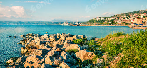 Preview: Bright Morning View Of Pilos Town. Colorful Spring Seascape Of Ionian Sea. Beautiful Cityscape