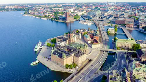 Preview: Stockholm, Sweden. Old Town - Gamla Stan. Riddarholmen. Helgeandsholmen. Aerial View, From Drone
