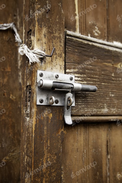 Preview: Broken Wooden Door With Padlock, Construction And Architecture