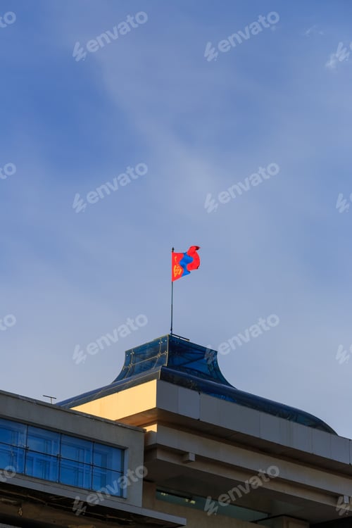 Preview: Mongolia, Ulaanbaatar. Flag Of Mongolia Set On The Government Palace Is Located On The North Side