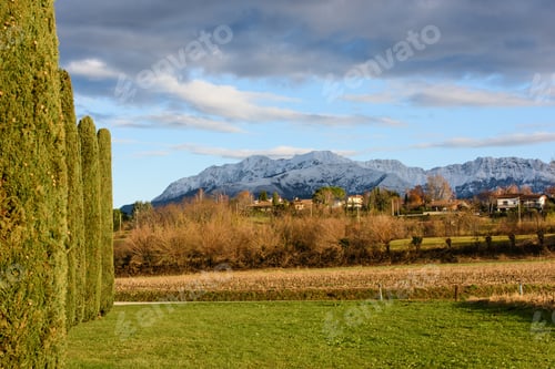 Preview: Winter Panorama Between Cassacco And Tricesimo. From The Hills To The Snow-Capped Mountains. Sunrise