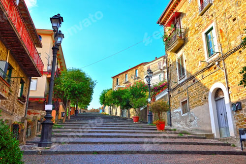 Preview: Pedestrian Avenue With The Grand Staircase Leading To The Ancient Village At The End Agropoli Italy