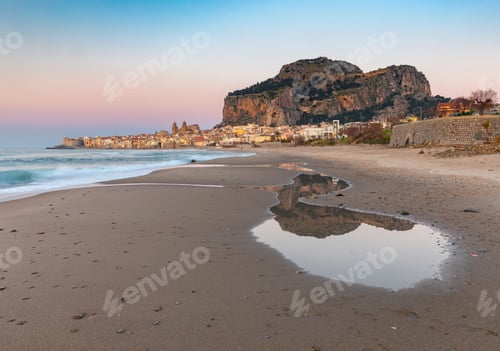 Preview: City Embankment In The Old Medieval Town Cefalu At Sunset. Italy. Sicily.