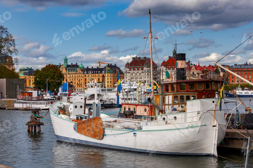 Preview: Ships Along The Quays Of The City Embankment. Stockholm. Sweden.