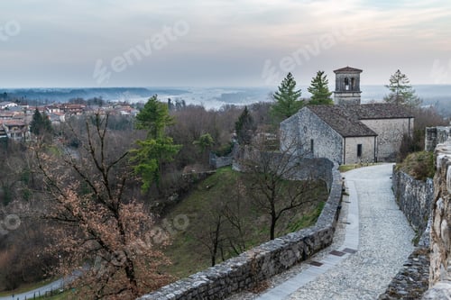 Preview: Sunset On The Ancient Castle Of Ragogna, Italy. Fortress Guarding The Ford On The River Tagliamento