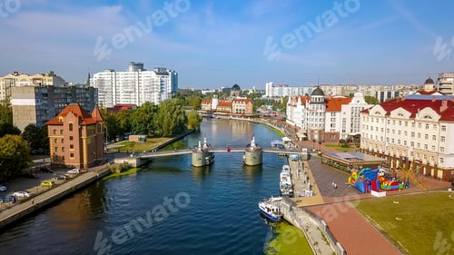 Preview: Aerial View Of The City Center Of Kaliningrad. Lighthouse In The Fish Village, Honey Bridge. Russia