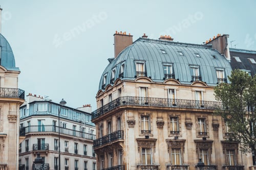 Preview: Weathered Copper Barrel Type Roof With Chin Chimneys And Skylights On Old European Apartment