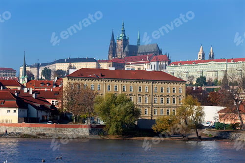Preview: Autumn Colorful Prague Lesser Town With Gothic Castle Above River Vltava In The Sunny Day, Czech