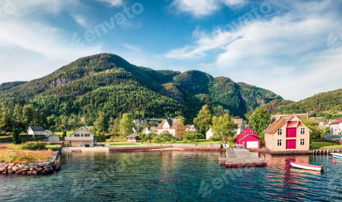 Preview: Picturesque Summer View Of Typical Norwegian Village On The Shore Of Fjord. Traveling Concept