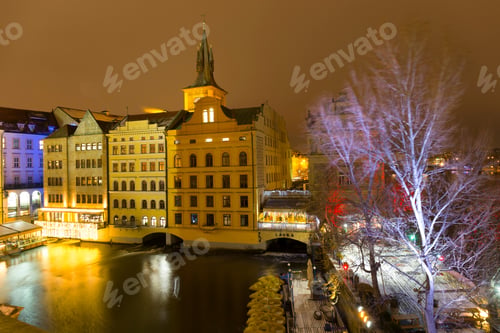 Preview: Night Snowy Prague Old Town From Charles Bridge, Czech Republic