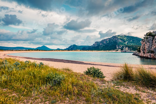 Preview: Colorful Spring View Of Voidokilia Beach. Colorful Sunset On The Ionian Sea, Pilos Town Location