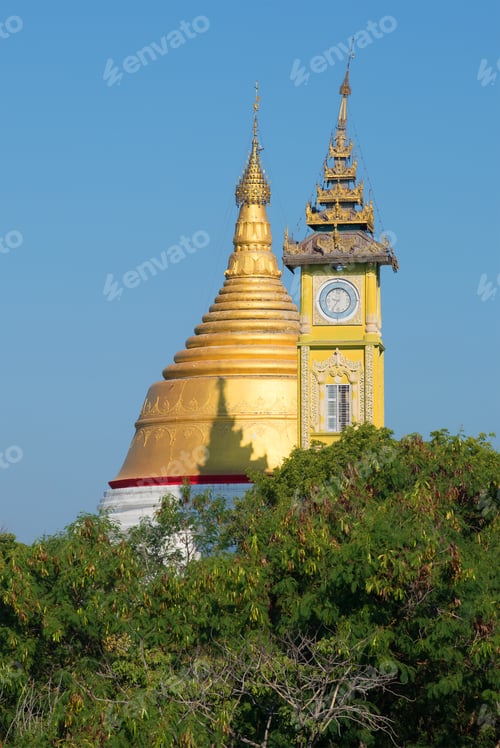 Preview: Buddhist Stupa And The Clock Tower On Top Of The Mountain. Sagaing