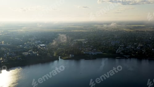 Preview: Uglich, Russia. Uglich City From The Air. Flying In The Clouds. Volga River. Early Morning, Aerial