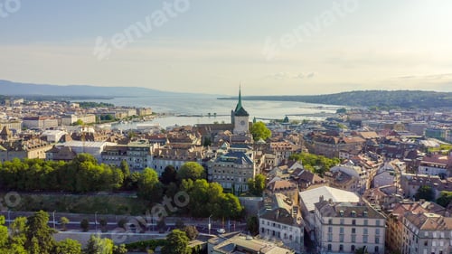 Preview: Geneva, Switzerland. Flight Over The City. Geneva Cathedral, Aerial View