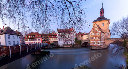 Preview: Panorama Of The Building Of The Old Medieval Town Hall On The Bridge Over The River At Dawn