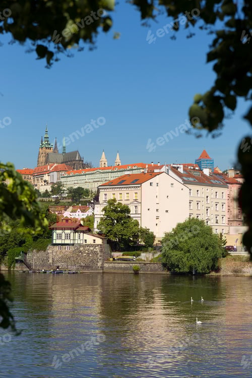 Preview: Spring Prague Gothic Castle With The Lesser Town Above River Vltava In The Sunny Day, Czech Republic