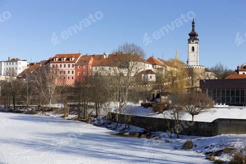 Preview: Colorful Royal Snowy Medieval Town Pisek Above The Frozen River Otava, Czech Republic