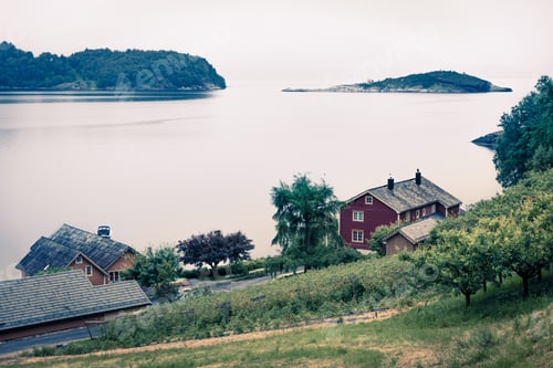 Preview: Typical Countryside Norwegian Landscape. Misty Summer Morning In Norway, Europe. Beauty Of
