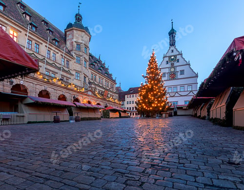 Preview: Town Hall Square And Christmas Tree In Night Illumination. Rothenburg Ob Der Tauber. Bavaria