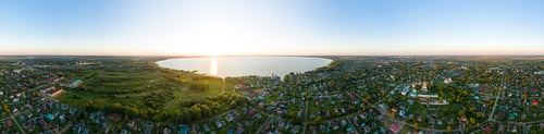 Preview: Pereslavl-Zalessky, Russian. Lake Pleshcheyevo At Sunset Time. Panorama 360. Aerial View
