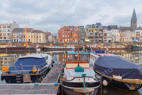 Preview: Boat Harbor On The River Leie In Ghent At Sunset.