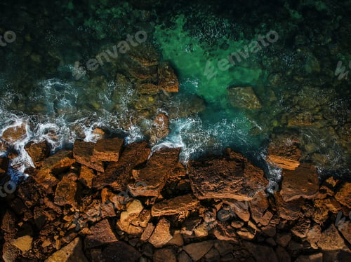 Preview: Aerial View Of Waves, Rocks And Transparent Sea. Summer Seascape. Top View From Drone. Rocky