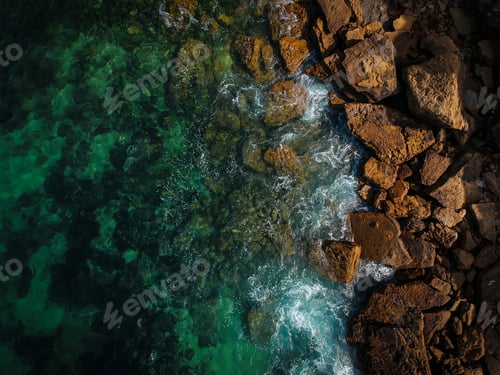 Preview: Aerial View Of Waves, Rocks And Transparent Sea. Summer Seascape. Top View From Drone. Rocky