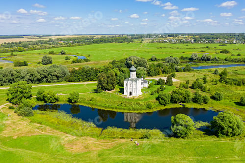 Preview: Russia, Bogolyubovo. Aerial View Of Church Of The Intercession On The Nerl. Orthodox Church And A