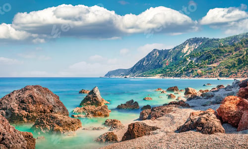 Preview: Stunning Spring View Of Avali Beach. Picturesque Morning Seascape Of Ionian Sea. Wonderful Outdoor