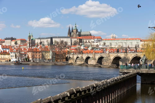 Preview: Spring Prague Gothic Castle And Charles Bridge With The Lesser Town In The Sunny Day, Czech Republic
